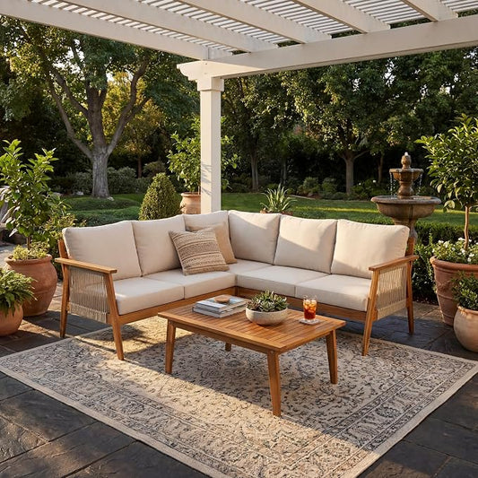 Merax Outdoor 4-Piece Acacia Wood & Rope Sectional Patio Corner Set, L-Shaped Sofa with Coffee Table, Handmade Woven Garden Furniture for Poolside & Deck