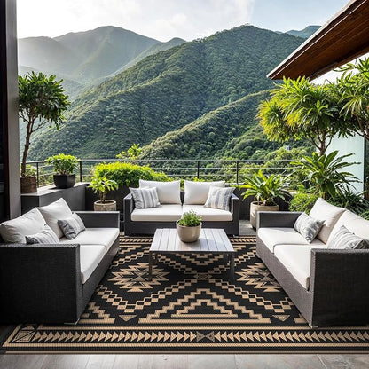 GENIMO Outdoor Rug for Patio Clearance - 6x9 ft Waterproof Plastic Camping Rugs, Reversible Outside Rv Mat Carpet for Porch, Deck, Picnic, Balcony, Beach, Backyard, Black Brown