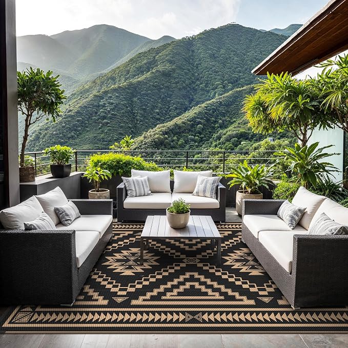 GENIMO Outdoor Rug for Patio Clearance - 9x12 ft Waterproof Plastic Camping Rugs, Reversible Outside Rv Mat Carpet for Porch, Deck, Picnic, Balcony, Beach, Backyard, Black Brown