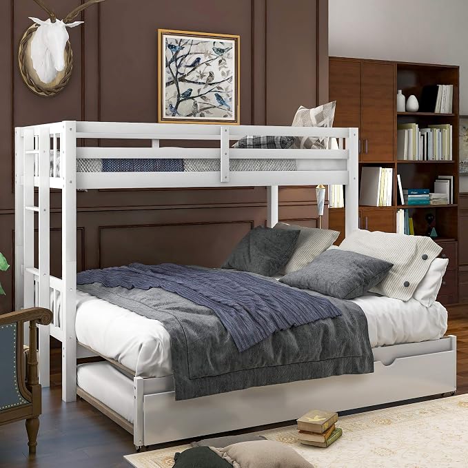 Extendable Bunk Bed with Trundle, Twin Over Double Twin Bunk Bed Frame, Upgraded Version Wooden Bunk Bed with Trundle, Pull-Out Bunk Bed Frame Can Be Extendable, No Spring Box Needed, White