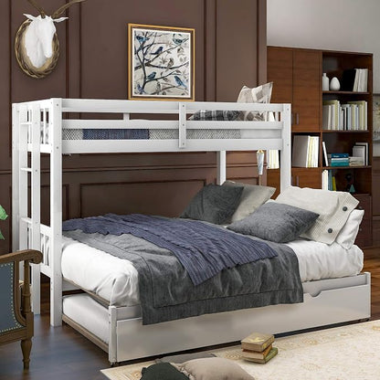 Extendable Bunk Bed with Trundle, Twin Over Double Twin Bunk Bed Frame, Upgraded Version Wooden Bunk Bed with Trundle, Pull-Out Bunk Bed Frame Can Be Extendable, No Spring Box Needed, White