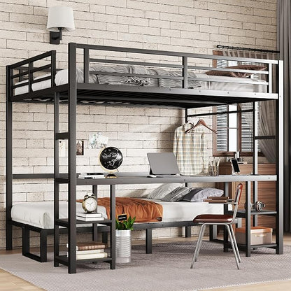 Bellemave Futon bunk Bed Twin XL Over Queen, Queen loft Bed with futon and Desk and Shelves, LED, USB, Black