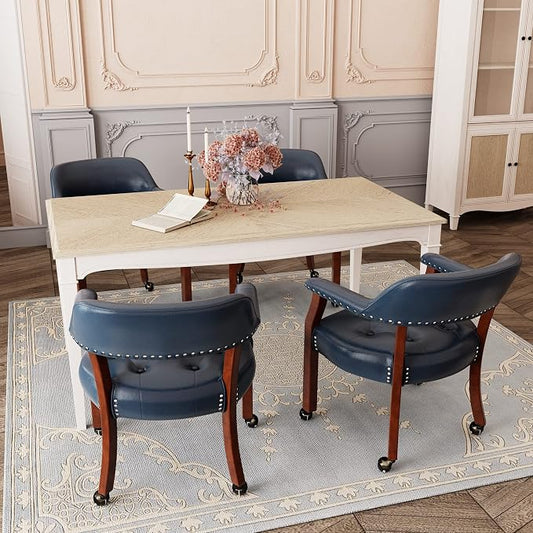 LEEMTORIG Set of 4 Dining Chairs with Casters and Arms, Large Rolling Dining Chairs with Wheels, Accent Solid Wood Boss Caption's Chairs, 26" Dx25.2 Wx31.5 H, Espresso Legs & Dark Blue PU SY-318-LB