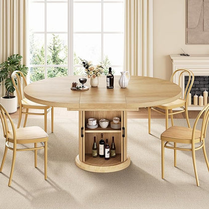 Jocoevol 47″–63″ Extendable Round Kitchen Dining Room Table for 4-6 with 2-Tier Storage Shelf Dust-Proof, Space Saving Expandable Wood Oval Circle Dinner Furniture with Pedestal Base (Natural Oka)