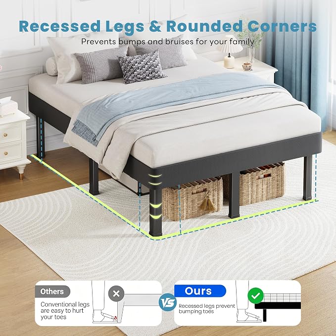 NKZ Box Spring King Size, 14 inch All-in-One Box Spring with 9 Legs for King Bed, 4000lbs Heavy Duty Metal Mattress Foundation with Fabric Cover, Noise Free, Easy Assembly, Black