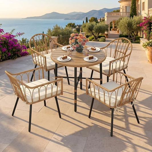 DWVO 5 Piece Patio Dining Sets, Outdoor Dining Furniture Set with 2" Umbrella Hole, Wicker Rattan Round Table and Chairs Set with Comfortable Cushions for Patio, Balcony, Backyard, Beige