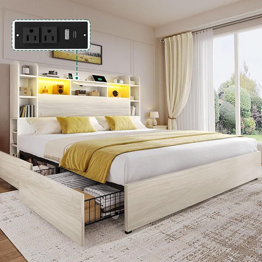 YITAHOME King Size Bed Frame with 51" Tall Bookcase Headboard and 4 Storage Drawers, RGB LED Bed Frame with Type-C&USB Charging Station Storage Bed, No Box Spring Needed, Noise Free, Antique White