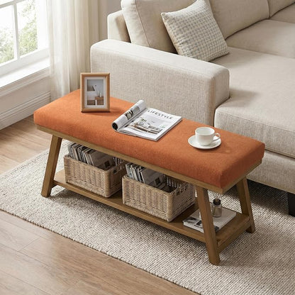 Zihanhome 45" Entryway Bench Upholstered Storage Bench for Bedroom Shoe Rack Bench for Living Room, Hallway, Mudroom, Balcony, Sturdy Indoor Bench Seat Holds Up to 300 lbs (Orange)