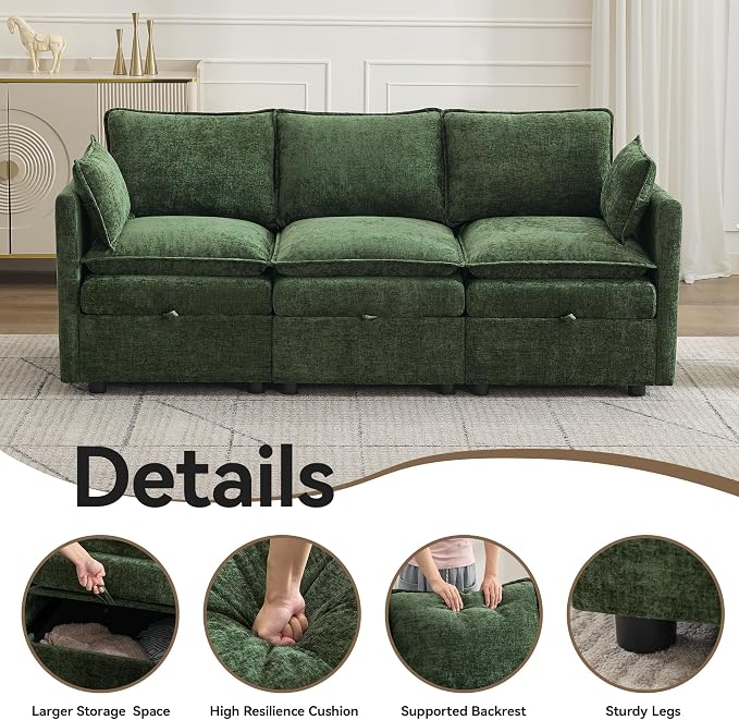 80" Cloud Modular 3 Seater Sofa with Storage, Modern Upholstered Storage Sofa Couch Deep Seat, Sectional Sofa Chenille Comfy Couch with Armrests for Living Room, Small Space, Green