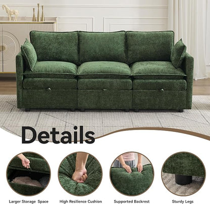 80" Cloud Modular 3 Seater Sofa with Storage, Modern Upholstered Storage Sofa Couch Deep Seat, Sectional Sofa Chenille Comfy Couch with Armrests for Living Room, Small Space, Green