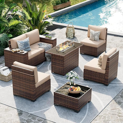 UDPATIO Patio Furniture Set with Fire Pit Table, 8 Inch Armrest 7 Piece Outdoor Sectional Sofas, All-Weather Wicker Conversation for Garden, Backyard, Brown/Khaki