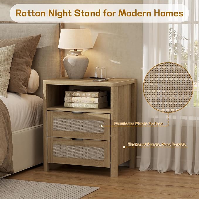 Boho Nightstand with Charging Station, Large Bedside Table with Two Drawers & Open Storage Shelf, Mid-Century Modern End Table Rattan-Look Drawer, Accent Side Table with Rounded Corners for Bedroom