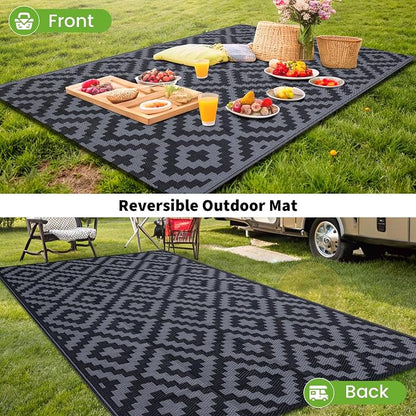 Smiry Waterproof Outdoor Rug 10X14 ft, Reversible Plastic Straw Patio Camping Rugs, Outdoor Indoor RV Mat Carpet for Patio, Outside Entry, Backyard, Deck, Bench, Picnic, Camper, Black & Grey
