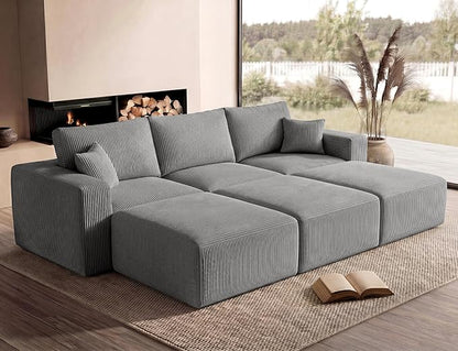 Modular Sectional Sofa Bed with Chaise, 115" Memory Foam Cloud Couch, Boneless Corduroy Upholstered Floor Couch, No Assembly Required Living Room Furniture for Apartment Home, Grey