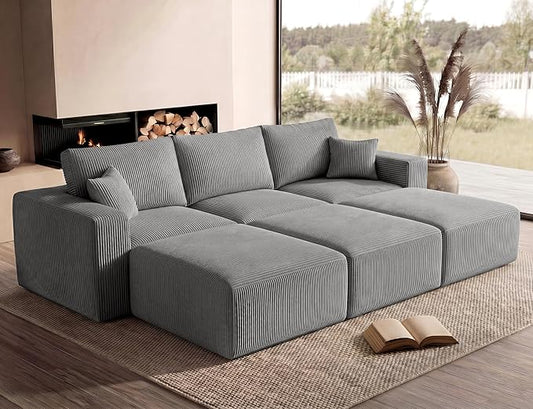 Modular Sectional Sofa Bed with Chaise, 115" Memory Foam Cloud Couch, Boneless Corduroy Upholstered Floor Couch, No Assembly Required Living Room Furniture for Apartment Home, Grey