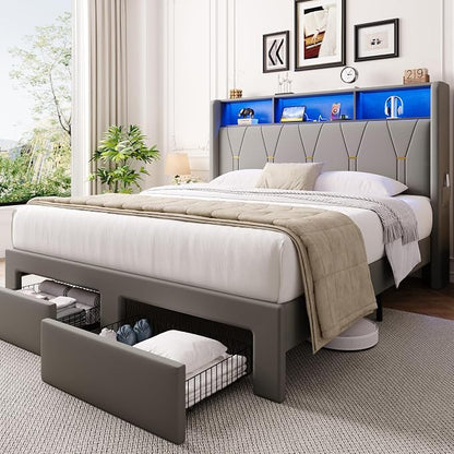 Allewie Full Bed Frame with 2-Tier Storage Headboard, Charging Station & LED Lights, Velvet Upholstered Platform Bed with 2 Drawers, Wingback Headboard, Gold Button Tufted, No Box Spring Needed, Grey