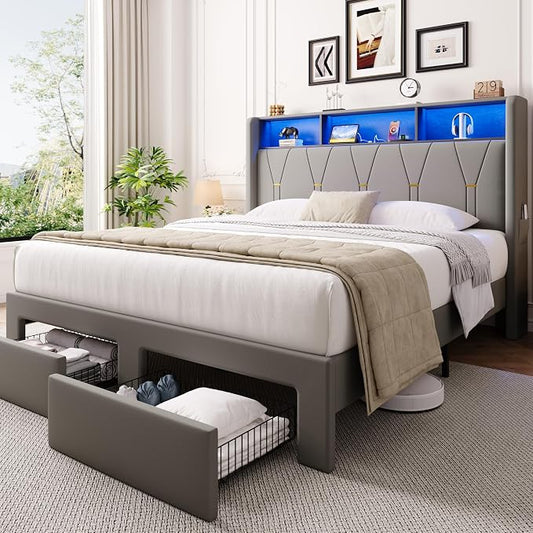 Allewie Queen Bed Frame with 2-Tier Storage Headboard, Charging Station & LED Light, Velvet Upholstered Platform Bed with 2 Drawers, Wingback Headboard, Gold Button Tufted, No Box Spring Needed, Grey