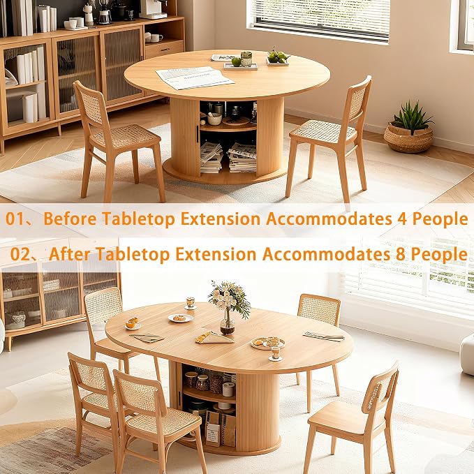 Wildhome Extendable Round Dining Table for 2-4-6, 63 Inch Dining Room Kitchen Table with 2-Tier Storage Shelf, Modern Farmhouse Fluted Wood Slide Door Dinner Furniture,Oval Circle (Oak-63 Inch)