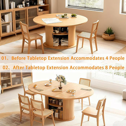 Wildhome Extendable Round Dining Table for 2-4-6, 63 Inch Dining Room Kitchen Table with 2-Tier Storage Shelf, Modern Farmhouse Fluted Wood Slide Door Dinner Furniture,Oval Circle (Oak-63 Inch)