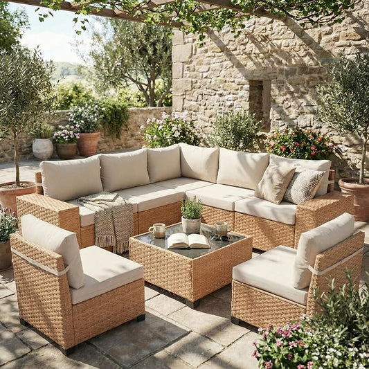 SUNSITT 8-Piece Patio Furniture Set, Outdoor Wicker Modular Sectional Sofa with 7.7-inch Wide Armrests & Thick Comfy Cushions, Glass Top Coffee Table, Rattan Conversation Set, Natural Color