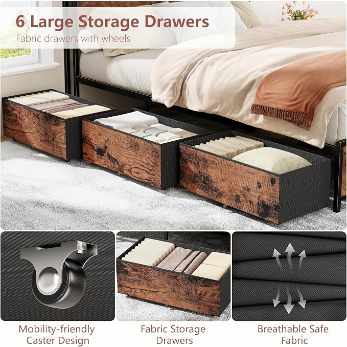Forestell Queen Bed Frame with Headboard & 6 Drawers, Metal Platform Bed Frame Queen Size with Charging Station,LED Lights,2 Tier Shelf Storage Bedframe-No Box Spring Needed,Noise Free,Rustic Brown