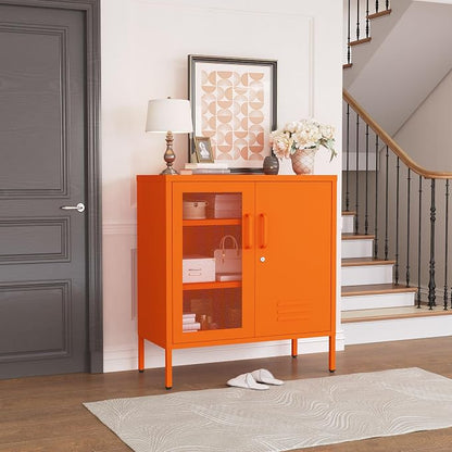 Lockable Metal Storage Cabinet Locker, Multifunctional Versatile Storage Lockers with Adjustable Shelves and Mesh Door, Durable Metal Sideboard Furniture for Restaurant Home Office Orange