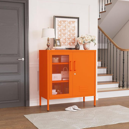 Lockable Metal Storage Cabinet Locker, Multifunctional Versatile Storage Lockers with Adjustable Shelves and Mesh Door, Durable Metal Sideboard Furniture for Restaurant Home Office Orange