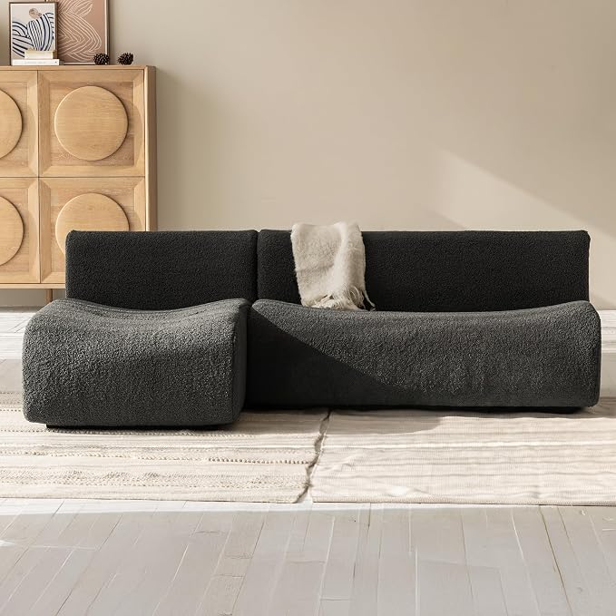 92" Curved Sectional Sofa with Chaise Set, Boneless 3-Seater Modular Couch, Reversible L-Shaped Couches with Deep Seat, Sherpa Sofas for Small Living Room, Bedroom, Apartment – No Assembly, Grey