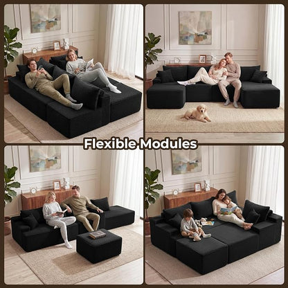 Mangodan 118'' Cloud Sectional Couch, U Shaped Boneless Couches for Living Room, Modular Sectional Sofa with Deep Seat Right Facing Chaise, Comfy Cloud Couch Sofa, Black