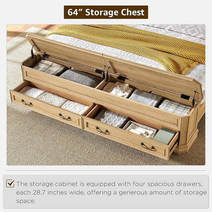 T4TREAM Farmhouse Queen Bed with Headboard and Storage Bench, Rustic Wood Platform Bed with 64" Storage Chest w/ 4 Large Drawer (Natural Oak)
