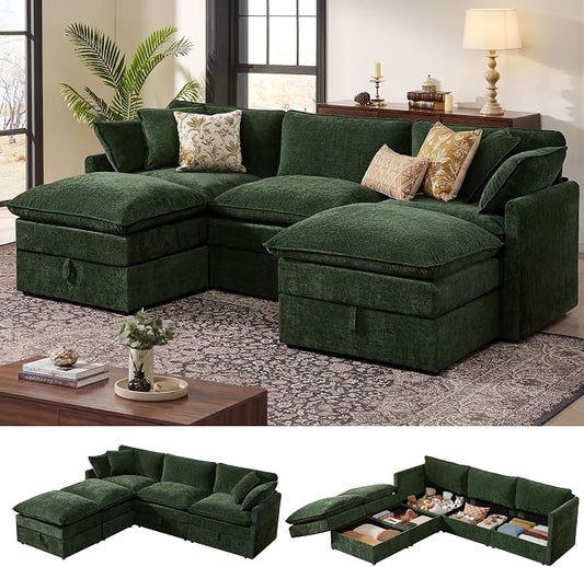 Ihanherry 103” Modular Sectional Sofa with Storage, U Shaped Cloud Couch with Movable Ottomans & 4 Pillows, Chenille Deep Seat Sectional Couches for Living Room, Apartment (Green)