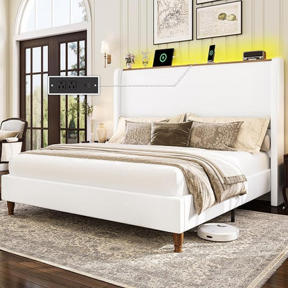 LARMACE Queen Size Bed Frame with LED Lights and Charging Station Linen Upholstered Platform Bed Frame with 51.2" Tall Headboard Wingback and Storage Shelf, No Box Spring Needed, Noise Free, Cream