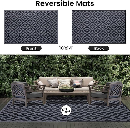 Smiry Waterproof Outdoor Rug 10X14 ft, Reversible Plastic Straw Patio Camping Rugs, Outdoor Indoor RV Mat Carpet for Patio, Outside Entry, Backyard, Deck, Bench, Picnic, Camper, Black & Grey