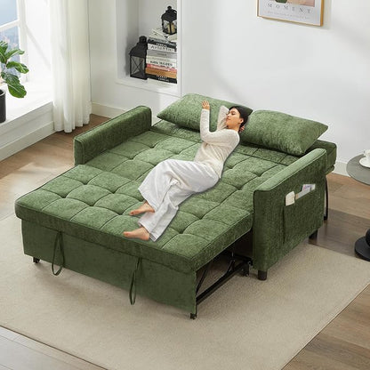 Tbfit 57" Loveseat Sleeper Convertible Sofa Bed, Futon Couch with Pullout Bed, USB & Adjustable Backrest, Chenille Full Size Pull Out Couches for Living Room, Apartment, Office, Dorm, RV, Green