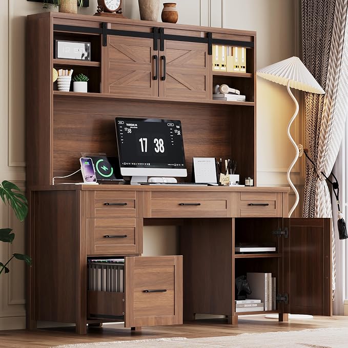 LUMISOL Farmhouse Executive Desk with Hutch and Charging Station, Computer Desk with 2 Sliding Barn Doors, 5 Drawers and Storage Cabinet with 3-Position Adjustable Shelf, Walnut