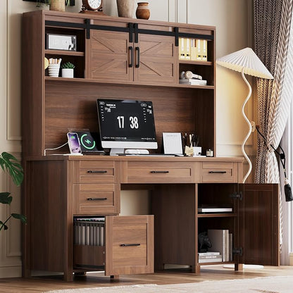 LUMISOL Farmhouse Executive Desk with Hutch and Charging Station, Computer Desk with 2 Sliding Barn Doors, 5 Drawers and Storage Cabinet with 3-Position Adjustable Shelf, Walnut