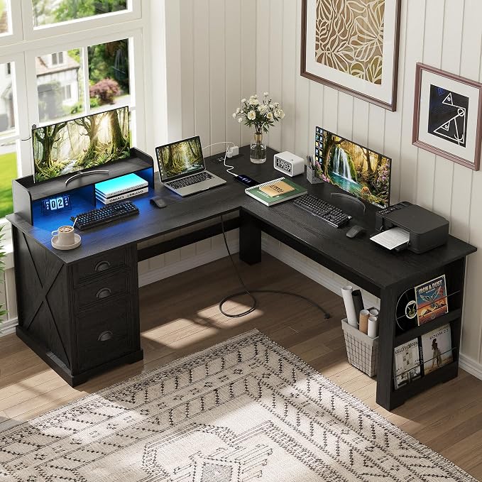 Lareth Executive L Shaped Desk with Monitor Stand, 59 inch Farmhouse Corner Computer Desk with Power Outlets & LED Lights, Home Office Desk with File Cabinet for Working Gaming Writing, Black