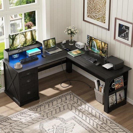 Lareth Executive L Shaped Desk with Monitor Stand, 59 inch Farmhouse Corner Computer Desk with Power Outlets & LED Lights, Home Office Desk with File Cabinet for Working Gaming Writing, Black