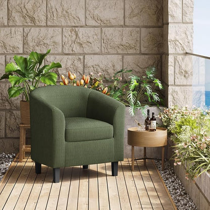 Topeakmart Corduroy Club Chair, Modern Accent Chair and Cozy Barrel Chair with Sturdy Wood Legs for Living Room Bedroom Reception Room, Dark Green