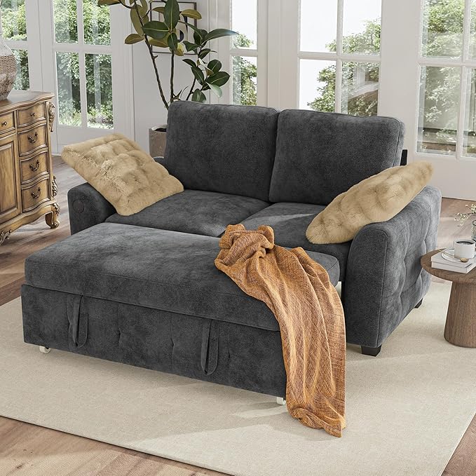 Hanherry 59" Loveseat Couch with Pull Out Sofa Bed, Chenille 2-in-1 Convertible 2 Seater Sleeper Sofa with USB Charging,Comfy Love Seat for Small Spaces Living Room Apartment