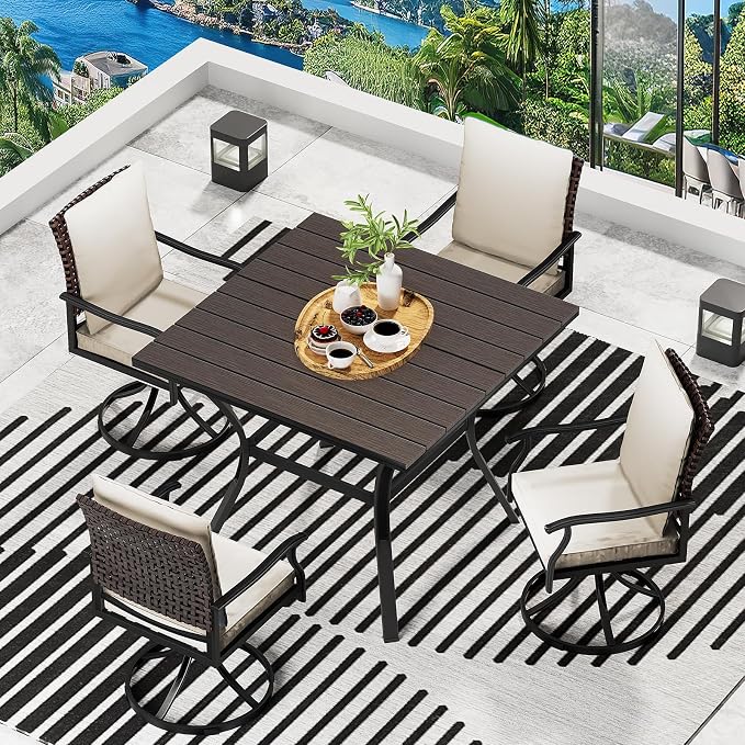 LEVELEVE 5 Piece Outdoor Patio Dining Set with 4 Swivel Dining Chairs & 1 Large Round Dining Table,Bistro Furniture Set for Lawn, Garden, Deck, Backyard and Porch