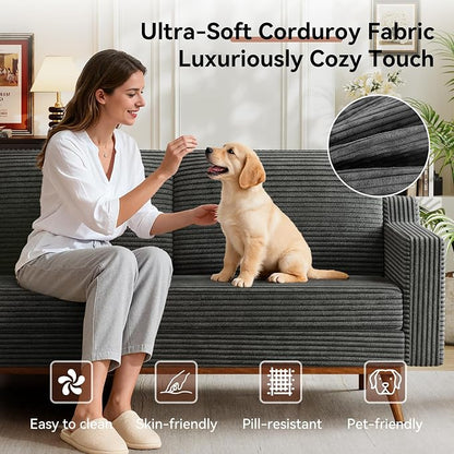 Vipbear 65.4" Loveseat Sofa,Mid-Century Modern Small Couches for Living Room, Bedroom, Office,Comfy Grey Corduroy Couch with Spring Cushion, Solid Wood Frame, Tool-Free Assembly