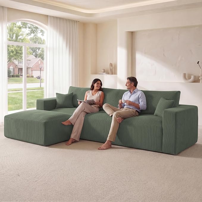 Living&Giving 115" Modular Cloud Boneless Couch, L-Shaped Sectional Sofa with Ottoman, Premium Corduroy Floor Couch, High-Density Foam & Firm Back Support for Living Room, Green | Boneless Couch