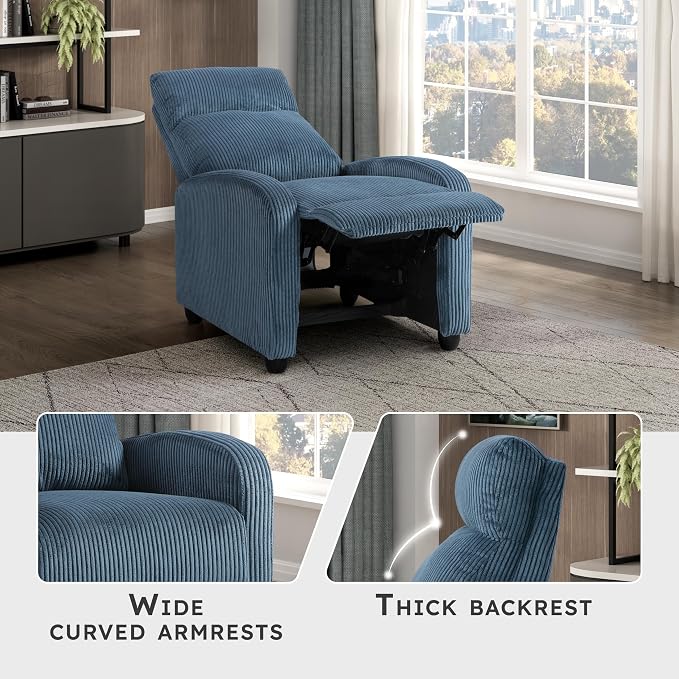 Lexicon Corduroy Pushback Recliner Chair Armchair Push Back Recliner, Solid Wood Frame and Metal Base, Easy Assembly Small Soft Single Sofa Accent Chair for Living Room/Office/Apartment, Midnight Blue