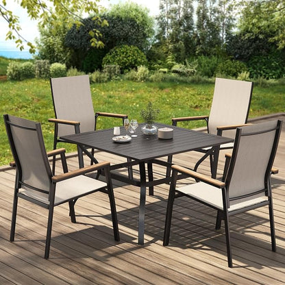 PHI VILLA 5 PCS Patio Dining Set, 4 Outdoor Aluminum Stackable Sling Chairs with Armrest & 1 Square Metal Dining Table with 1.57" Umbrella Hole, Outdoor Furniture for Deck, Beige