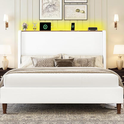 LARMACE Queen Size Bed Frame with LED Lights and Charging Station Linen Upholstered Platform Bed Frame with 51.2" Tall Headboard Wingback and Storage Shelf, No Box Spring Needed, Noise Free, Cream