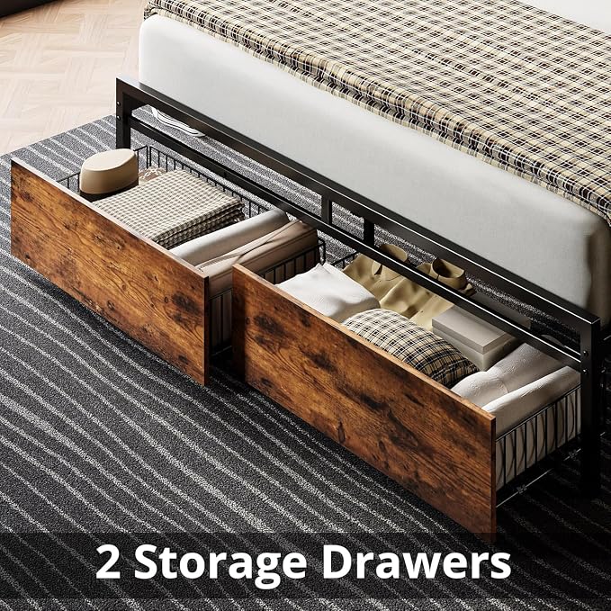 LIKIMIO Full Size Bed Frame with 2 Drawers and Charging Station | Platform Bed with Upholstered Storage Headboard, No Box Spring Needed, Easy Assembly, Sturdy, Industrial Brown and Black