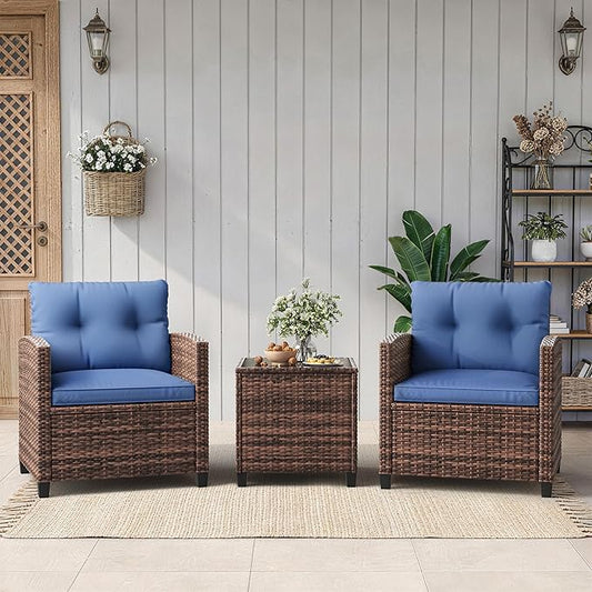 Garvee Outdoor Wicker Chairs,3 Pieces Patio Furniture Set,All Weather High Back Rattan Chairs w/Washable Cushion and Tempered Glass Tabletop for Deck Porch Balcony Backyard Garden,Brown & Blue
