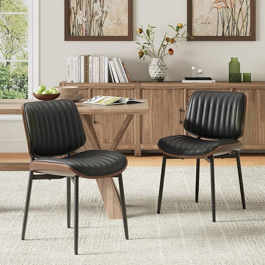 MALOL Leather Dining Chairs Set of 2, Modern Upholstered Dining Room Kitchen Chairs with Metal Legs and Wooden Back Support for Home Dining Room/Restaurant, Black