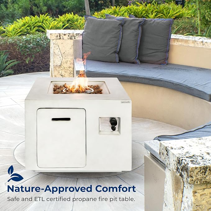 SereneLife 40,000 BTU Propane Fire Pit Table, Square Outdoor Propane Fire Pit with Stainless Steel Burner, Adjustable Flame, Weather-Resistant Design, ETL Certified with Cover, 30 x 30 x 23.6 Inches